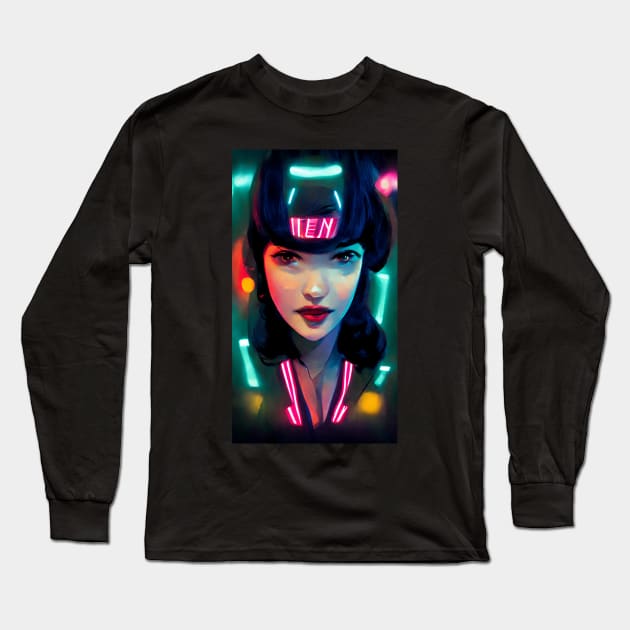 Cyber Neon lights pin up girl Long Sleeve T-Shirt by StoneyPhenix